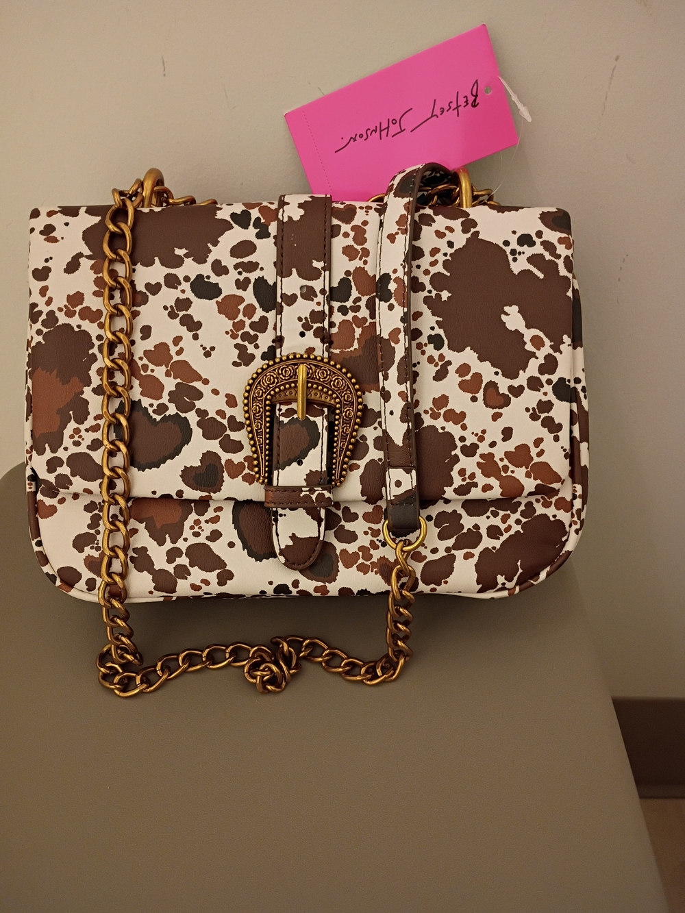 Betsey Johnson Brown & White Cowprint Chain Shoulder Bag